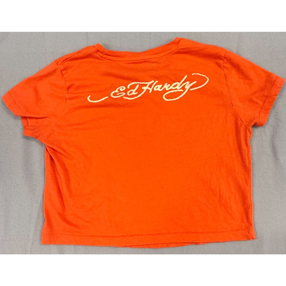 Ed Hardy Top Womens XL Orange Short Sleeve Born Free Tattoo Graphic Cropped Tee - Picture 7 of 7